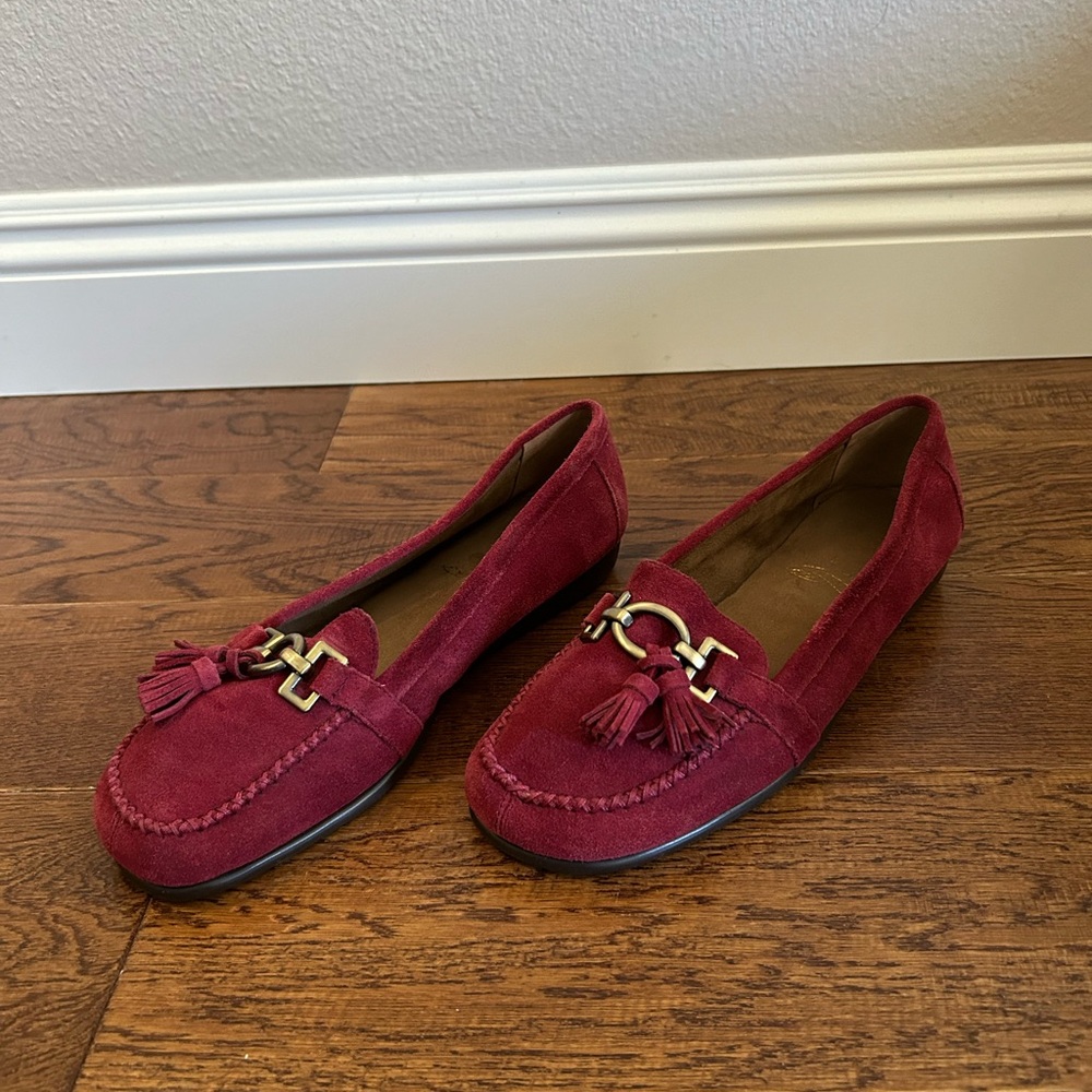 Red leather tassel loafers